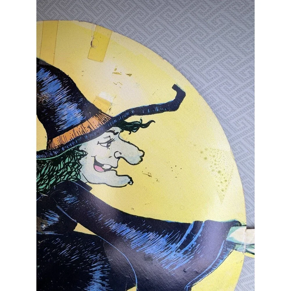 Vintage Eureka Halloween Witch on Broomstick & Bats Die-Cut Decor Cardboard Sign